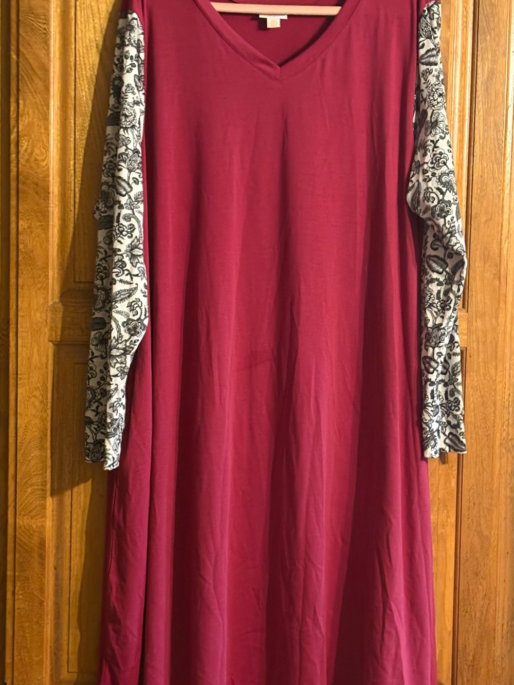 LuLaRoe Burgundy V-Neck Emily Dress with Black & White Patterned Sleeves 3X